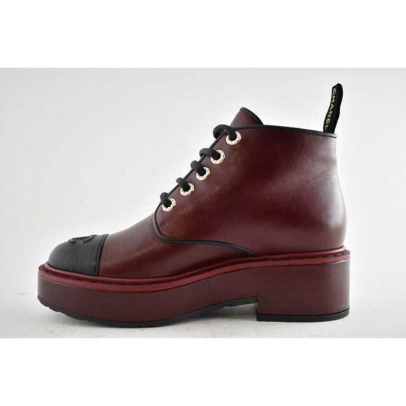 Chanel 20B Red Black Leather Pearl CC Combat Lace Up Tie Ankle Short Boots 36.5 - Picture 4 of 9